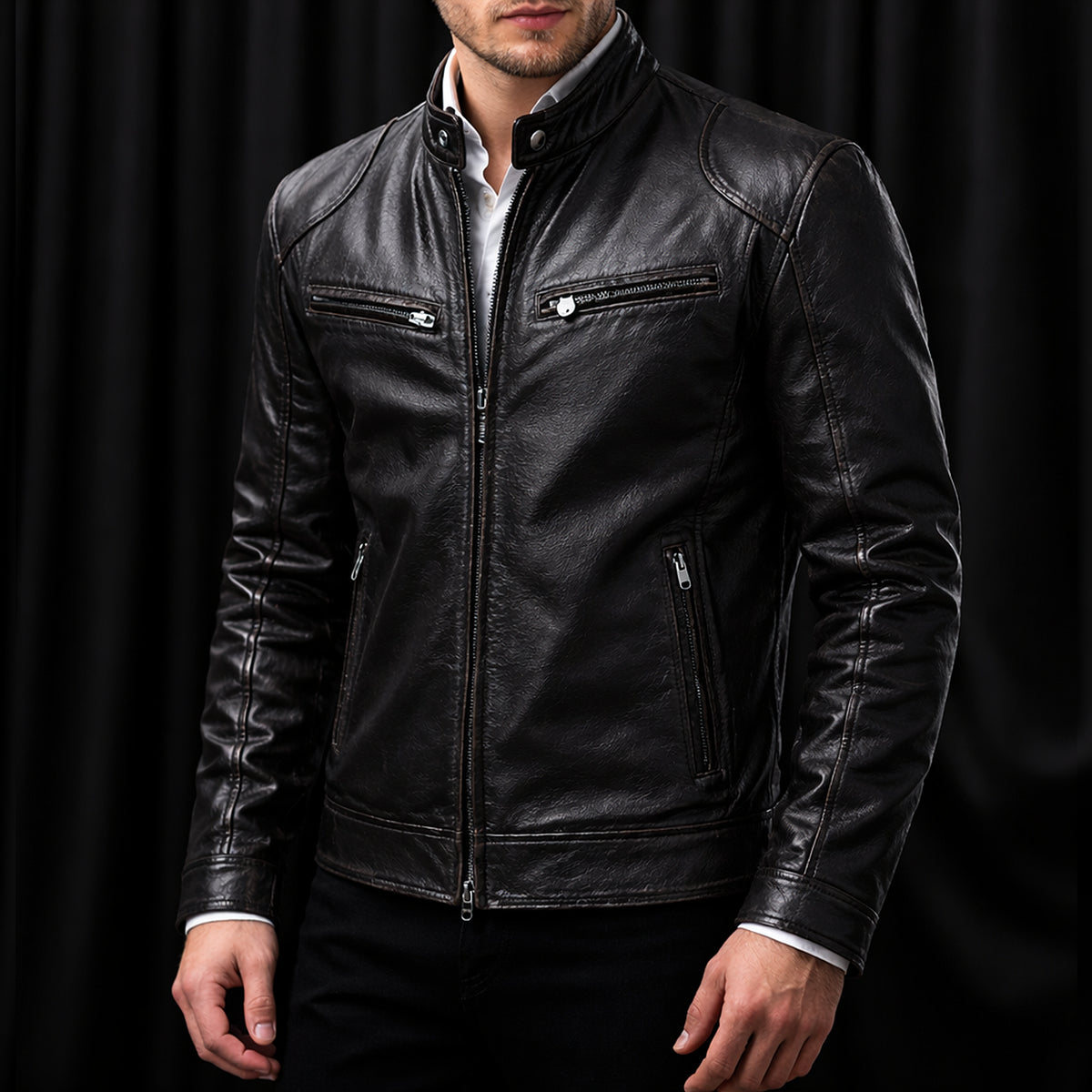 Herren Lederjacke im Biker-Stil – Windabweisend, Slim-Fit & Zeitlos