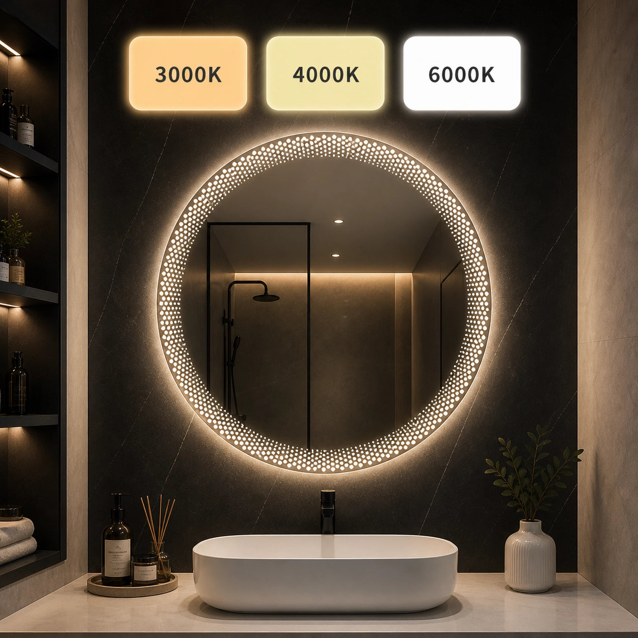 LED Badezimmerspiegel rund 60cm – Dimmbarer Kosmetikspiegel mit Beleuchtung & 3 Lichtfarben