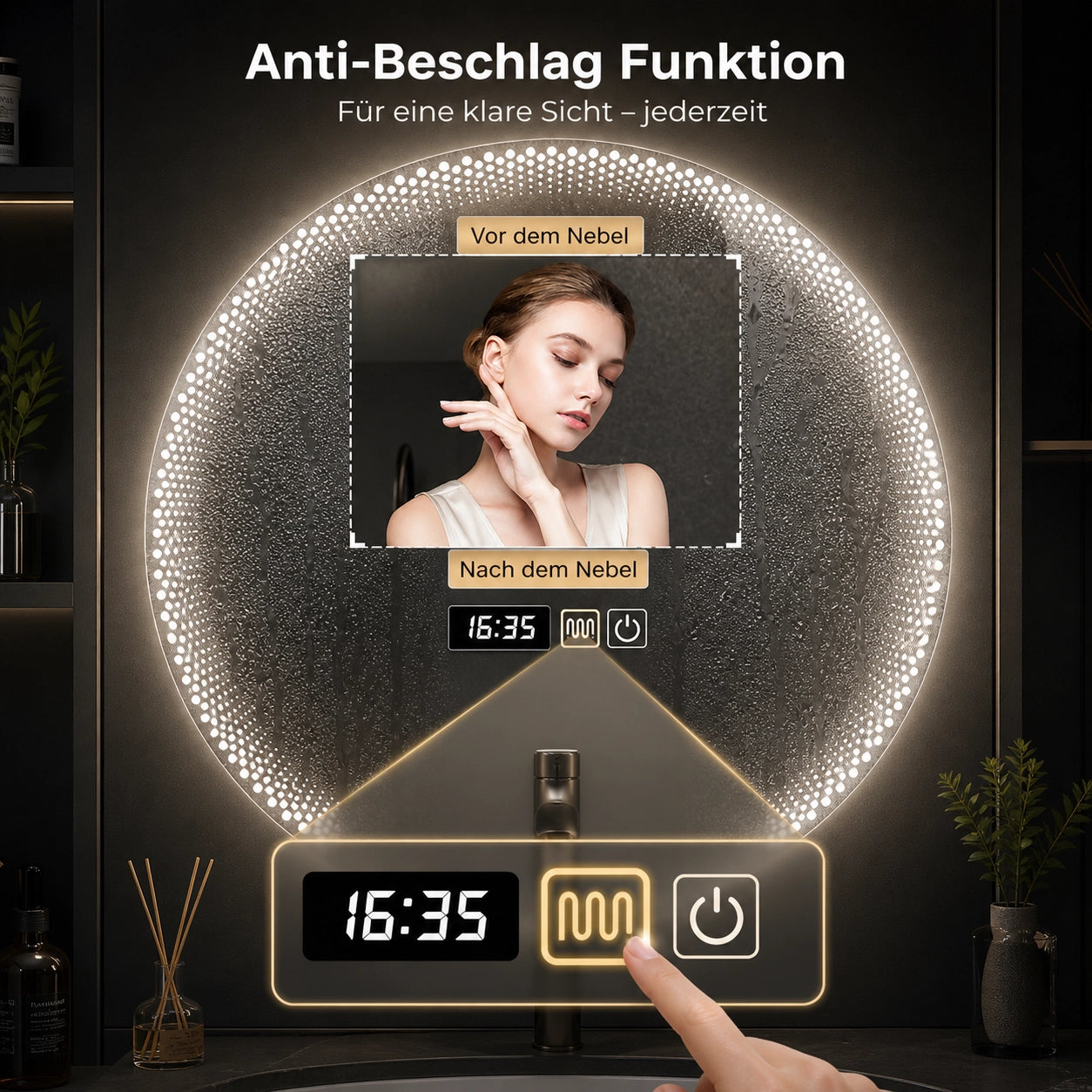 LED Badezimmerspiegel rund 60cm – Dimmbarer Kosmetikspiegel mit Beleuchtung & 3 Lichtfarben