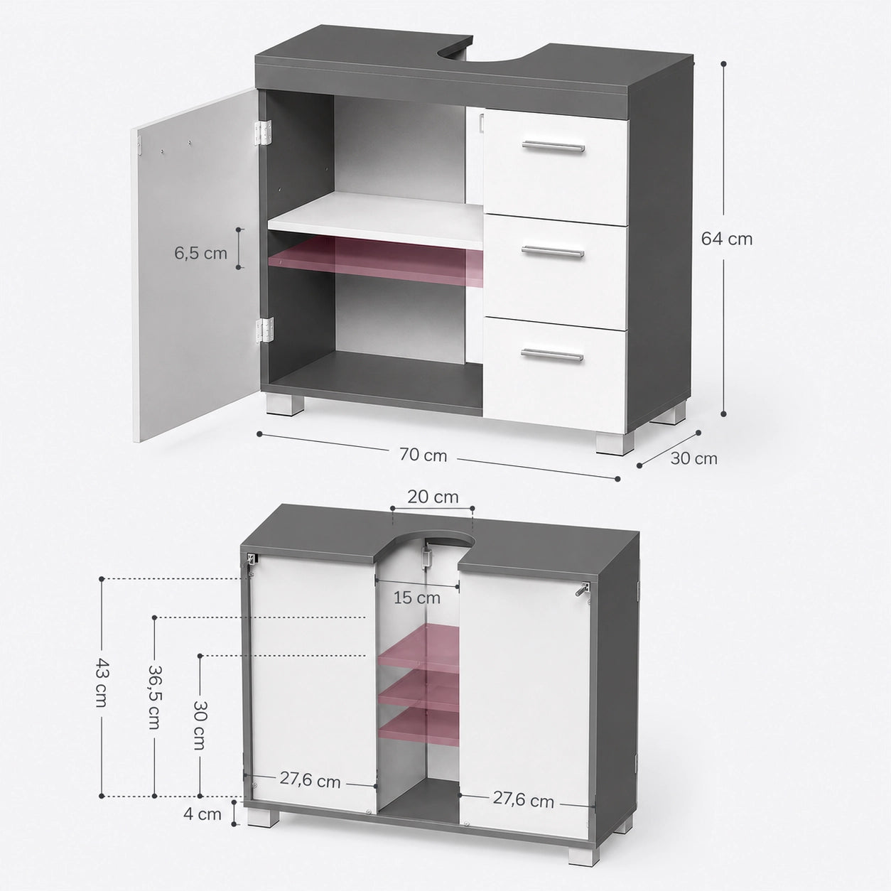 VASAGLE Waschbeckenunterschrank – Badschrank mit 3 Schubladen & Tür | 70 cm Unterschrank mit
