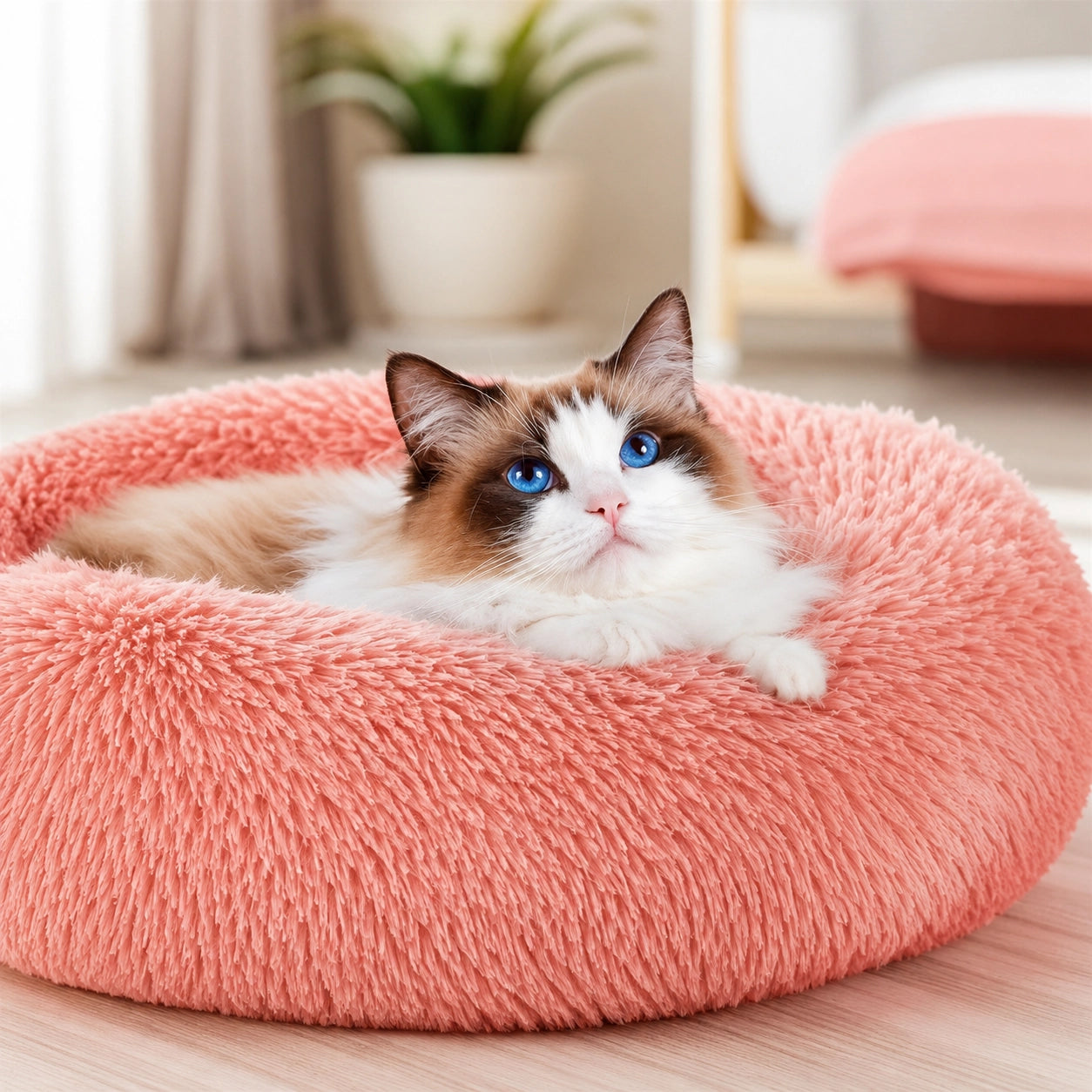 Plüsch Hundebett & Katzenbett Donut – Weiches Kunstfell Haustierbett waschbar | Warmes Kuschelbett für Hunde & Katzen