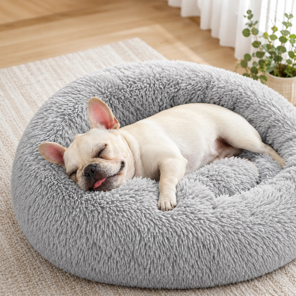 Plüsch Hundebett & Katzenbett Donut – Weiches Kunstfell Haustierbett waschbar | Warmes Kuschelbett für Hunde & Katzen