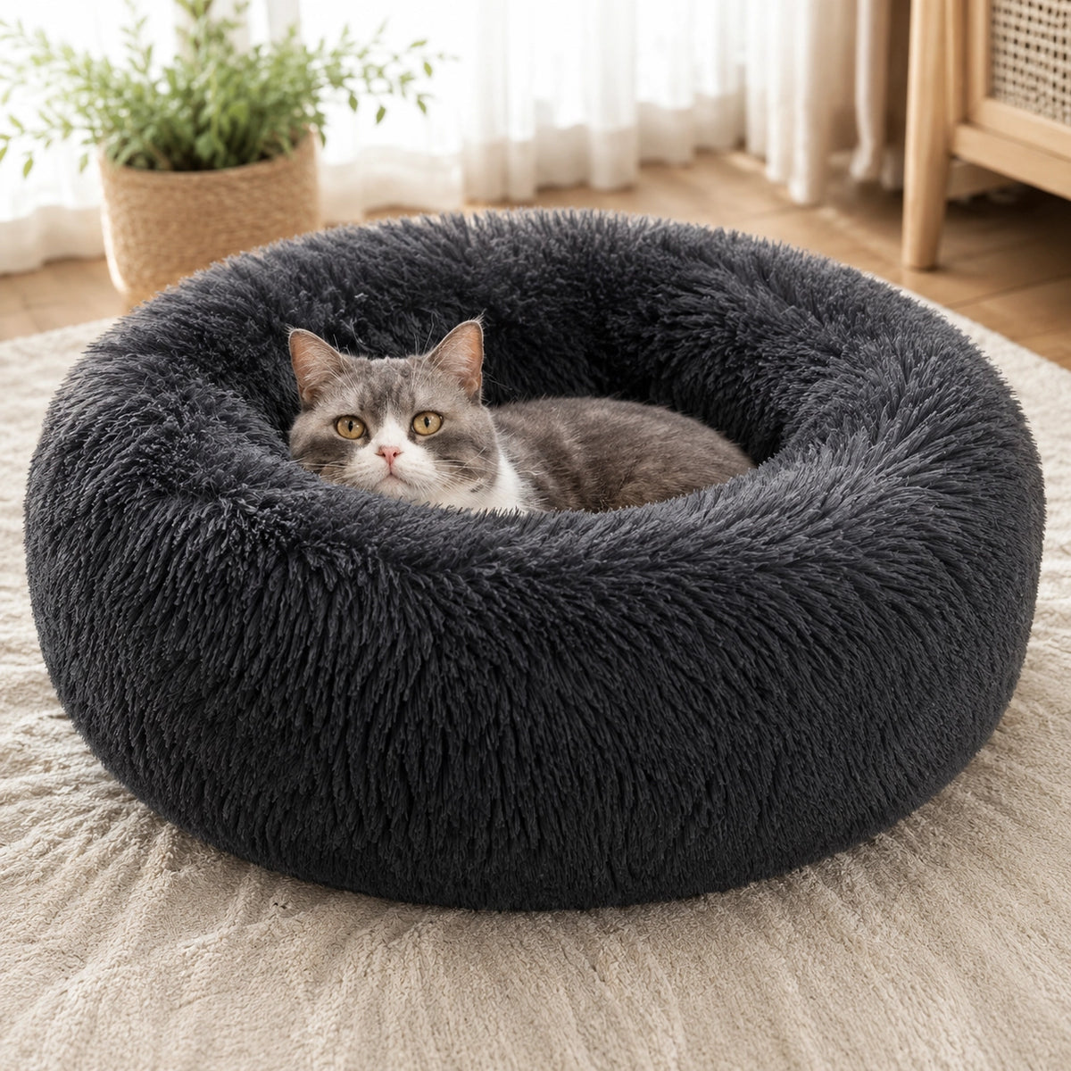 Plüsch Hundebett & Katzenbett Donut – Weiches Kunstfell Haustierbett waschbar | Warmes Kuschelbett für Hunde & Katzen