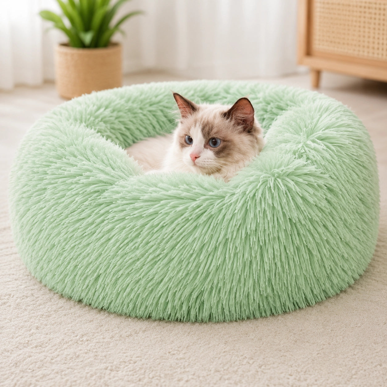 Plüsch Hundebett & Katzenbett Donut – Weiches Kunstfell Haustierbett waschbar | Warmes Kuschelbett für Hunde & Katzen