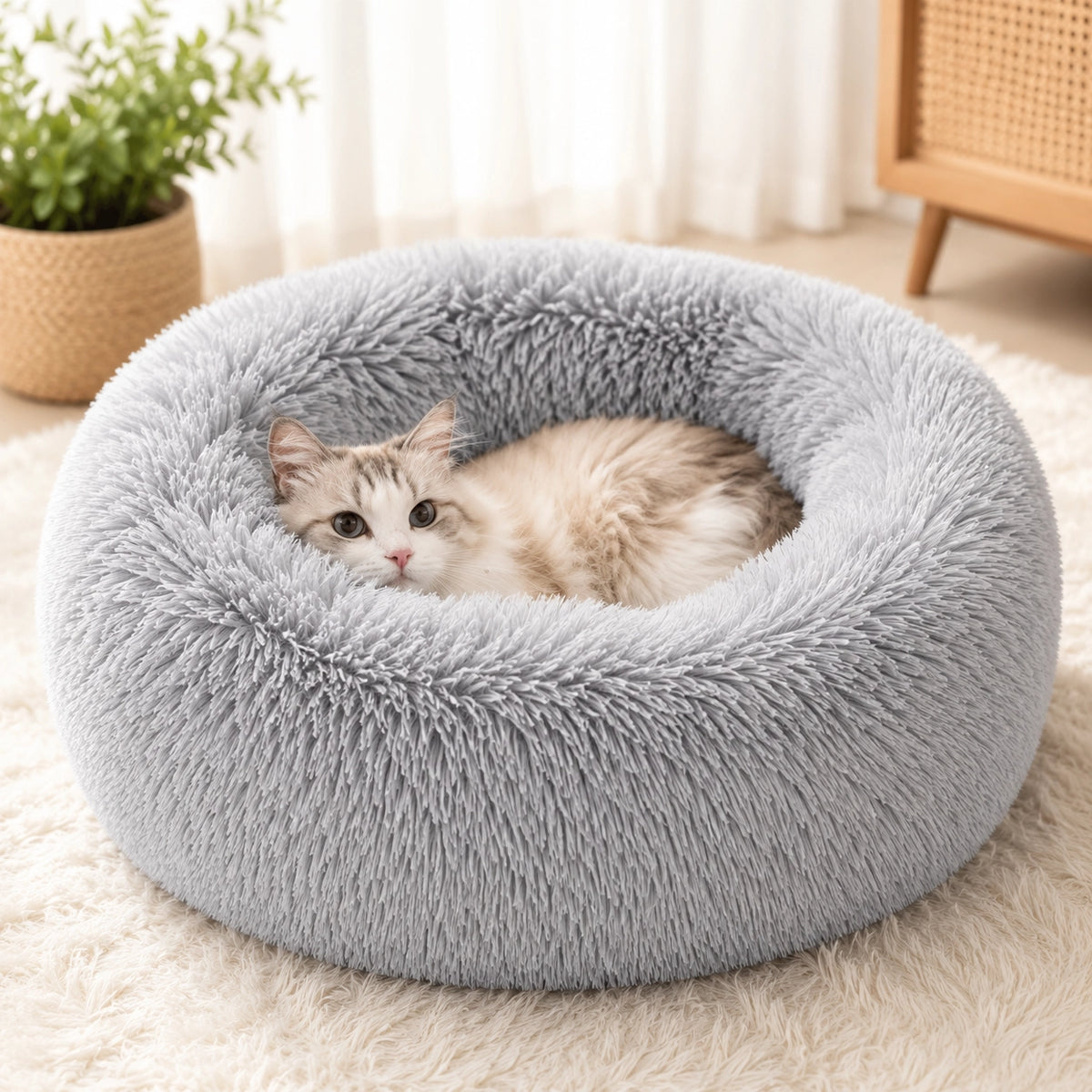 Plüsch Hundebett & Katzenbett Donut – Weiches Kunstfell Haustierbett waschbar | Warmes Kuschelbett für Hunde & Katzen