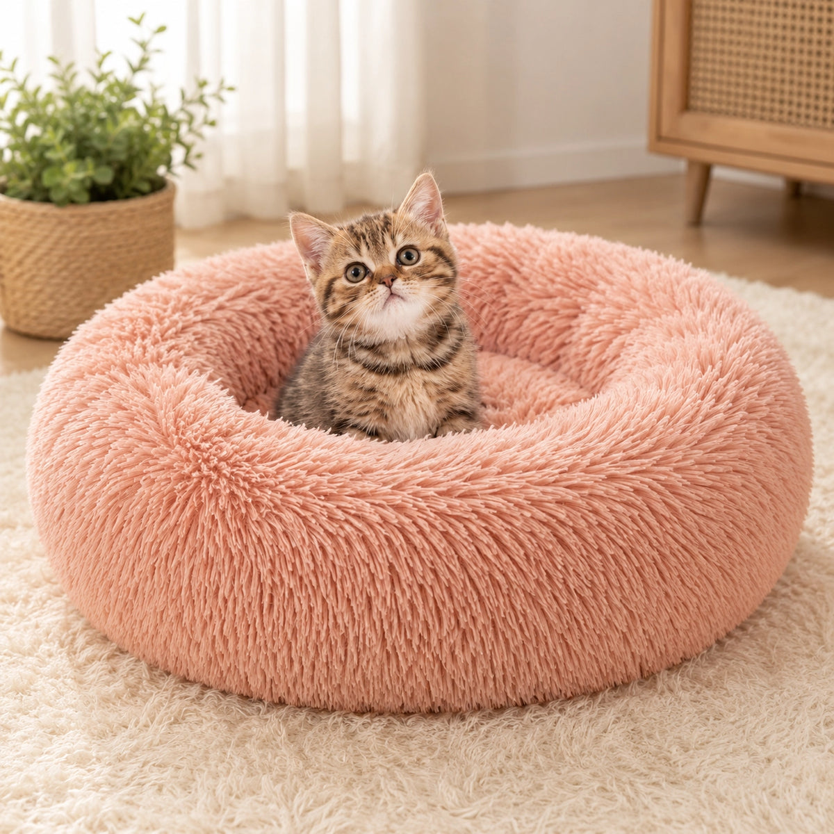 Plüsch Hundebett & Katzenbett Donut – Weiches Kunstfell Haustierbett waschbar | Warmes Kuschelbett für Hunde & Katzen
