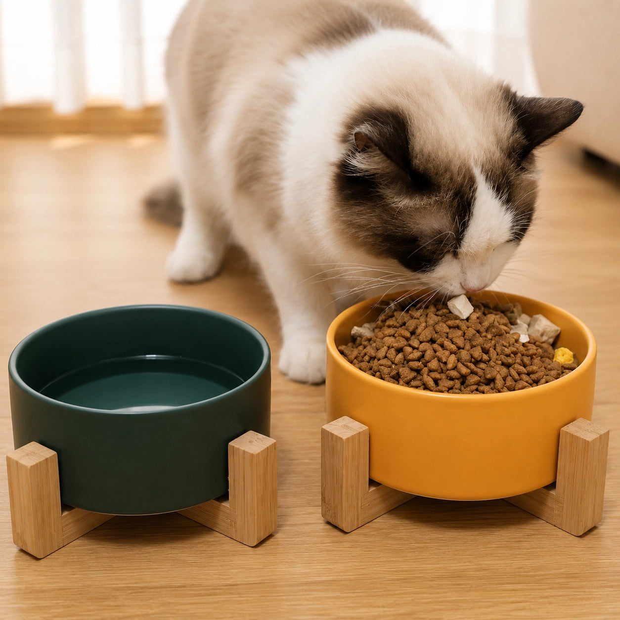 Keramik Haustiernapf mit Holzständer – Futternapf & Wassernapf für Hunde & Katzen | 850ml Premium Schüssel