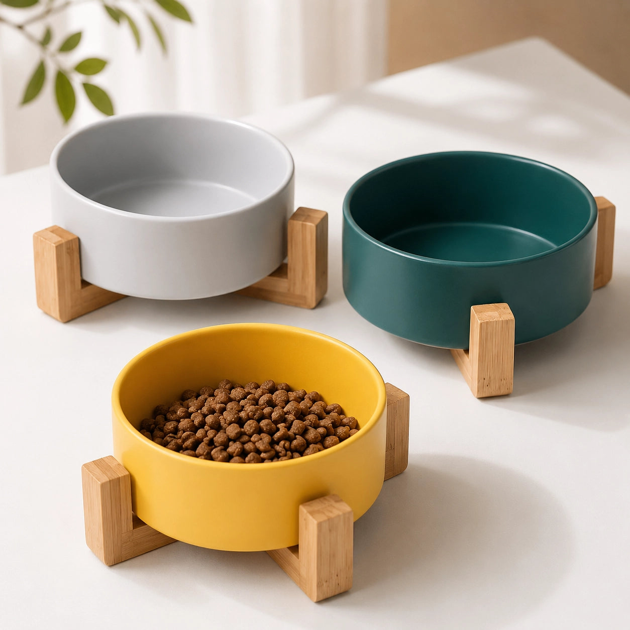 Keramik Haustiernapf mit Holzständer – Futternapf & Wassernapf für Hunde & Katzen | 850ml Premium Schüssel