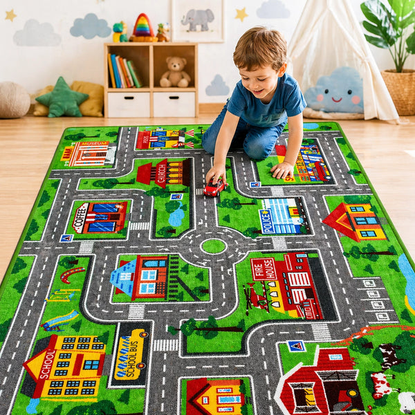 Kinder Spielteppich Straße – Weicher Teppich für Kinderzimmer, Spielmatte Auto & Deko