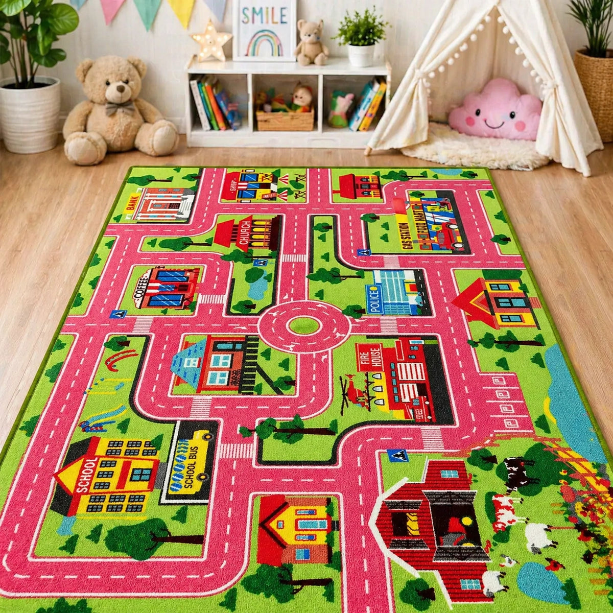 Kinder Spielteppich Straße – Weicher Teppich für Kinderzimmer, Spielmatte Auto & Deko