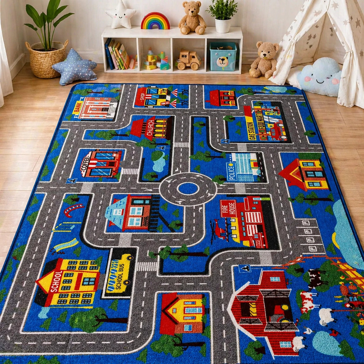 Kinder Spielteppich Straße – Weicher Teppich für Kinderzimmer, Spielmatte Auto & Deko