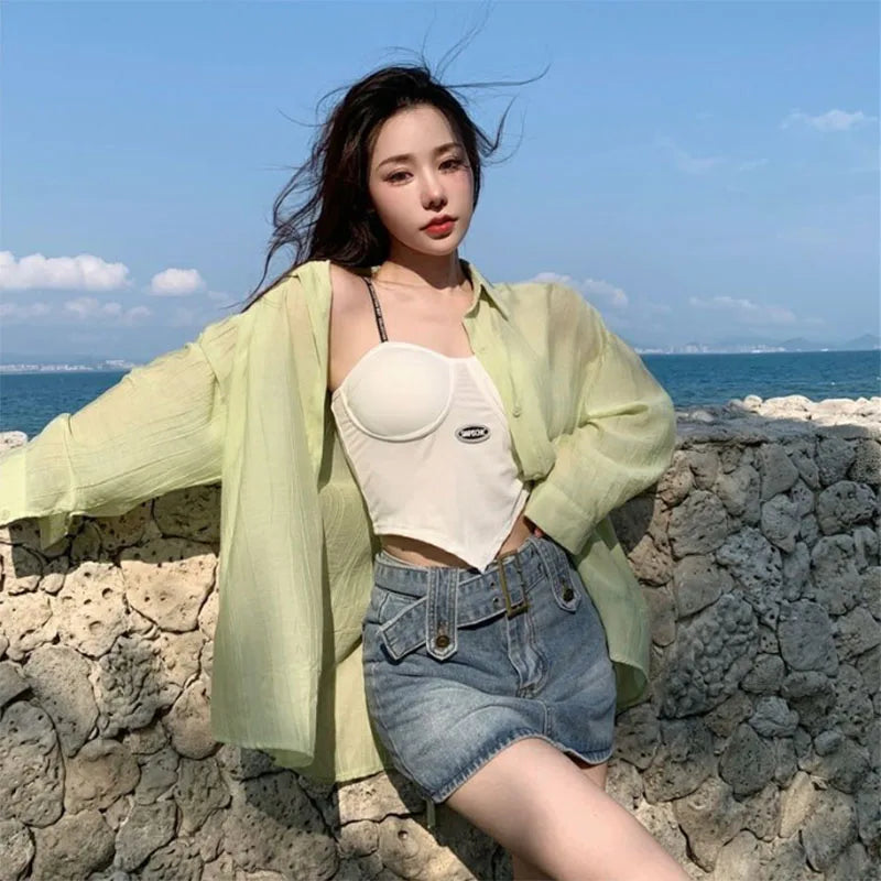 Damen Chiffon Bluse Transparent – Korean Style Sommer Shirt mit Rückenschlitz, Leicht & Luftig (S–XXL)