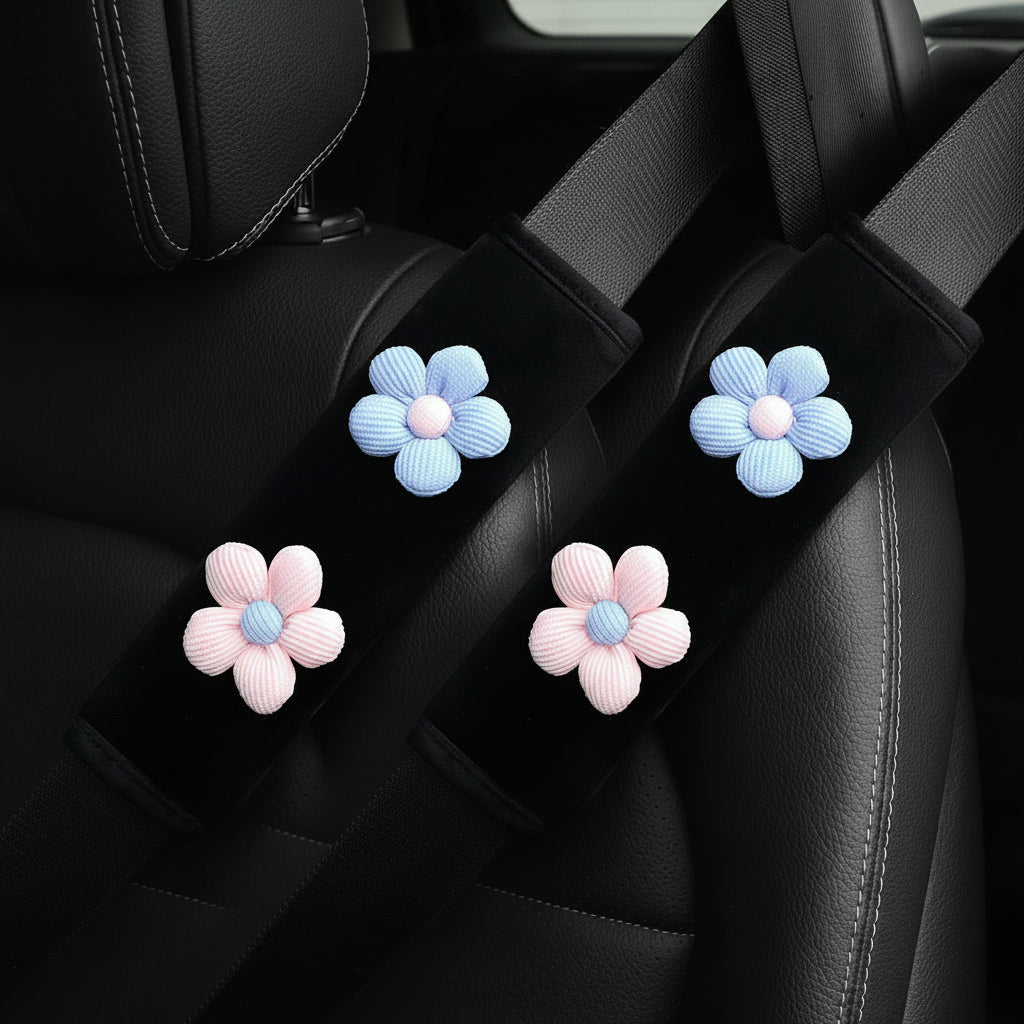Sicherheitsgurt Polster Blume Plüsch (2er Set) – Komfort Schultergurt Cover Auto Deko Rosa
