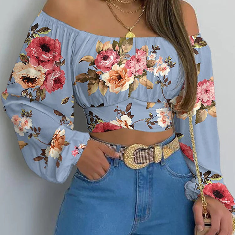 Damen Off Shoulder Bluse – Boho Crop Top mit Laternenärmeln & Schleife | Elegantes Sommer Shirt
