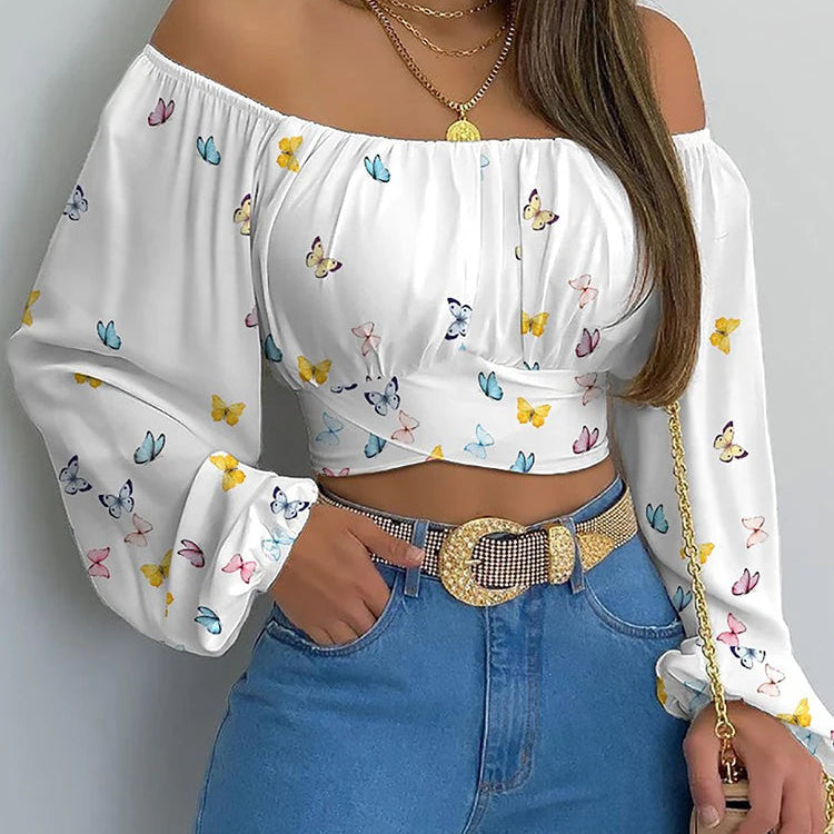 Damen Off Shoulder Bluse – Boho Crop Top mit Laternenärmeln & Schleife | Elegantes Sommer Shirt