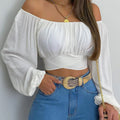 Damen Off Shoulder Bluse – Boho Crop Top mit Laternenärmeln & Schleife | Elegantes Sommer Shirt