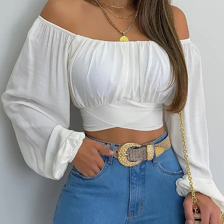 Damen Off Shoulder Bluse – Boho Crop Top mit Laternenärmeln & Schleife | Elegantes Sommer Shirt