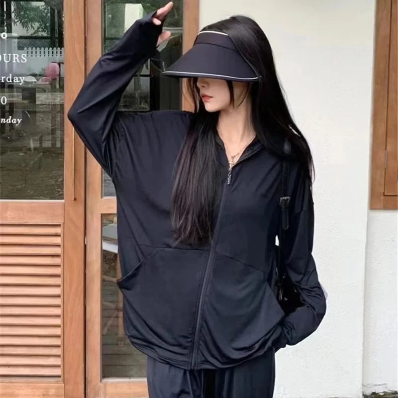 Damen Sommer Jacke Leicht – Sonnenschutz Kapuzenjacke mit Reißverschluss | Atmungsaktive Loose Fit Cardigan