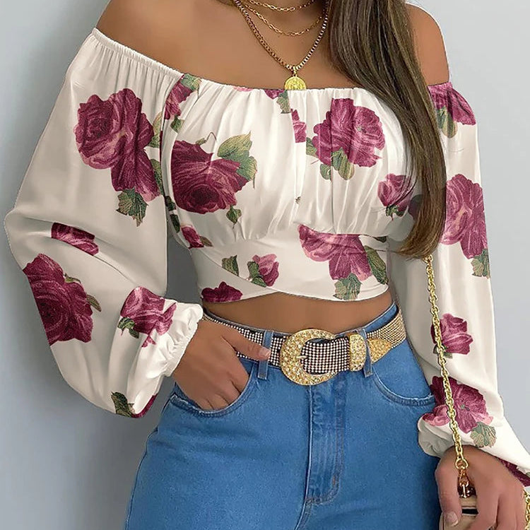 Damen Off Shoulder Bluse – Boho Crop Top mit Laternenärmeln & Schleife | Elegantes Sommer Shirt