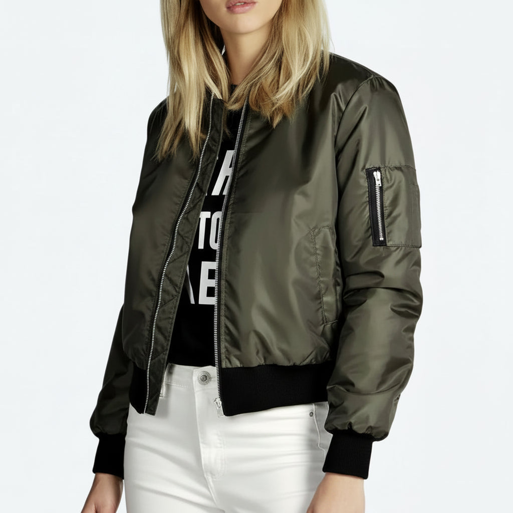 Damen Bomberjacke Kurz Vintage – High Street Jacke mit Reißverschluss | Slim Fit Herbst/Winter