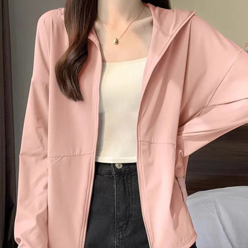 Damen Sommer Jacke Leicht – Sonnenschutz Kapuzenjacke mit Reißverschluss | Atmungsaktive Loose Fit Cardigan