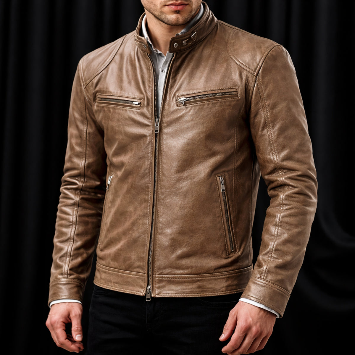 Herren Lederjacke im Biker-Stil – Windabweisend, Slim-Fit & Zeitlos